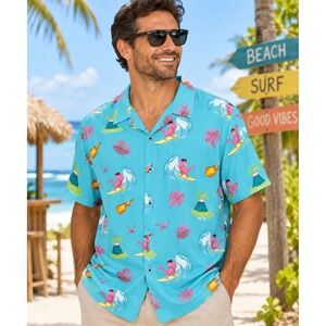 Huntington BC 2X Surfing Dinosaur Hawaiian Shirt Blue Tropical Rayon